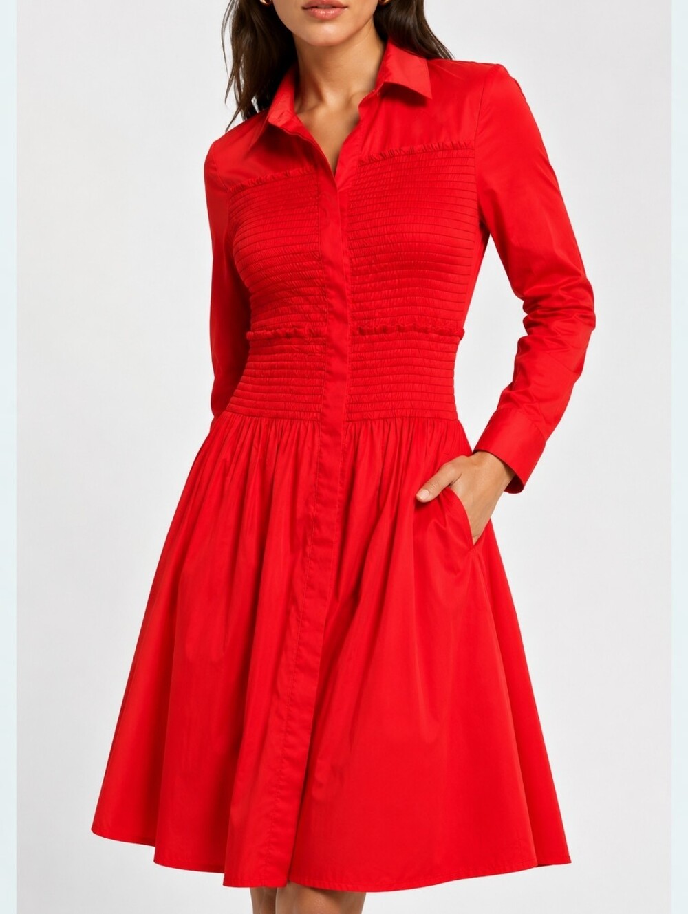 Maje Roumpa Smocked Shirt Dress Red Cotton Fit Flare Long Sleeve Size S
